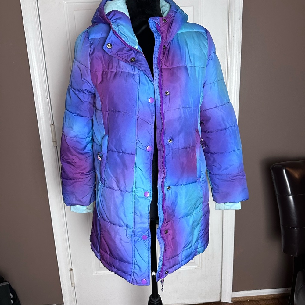Amazon Essentials Girls Blue and Purple Puffer Coat with hood